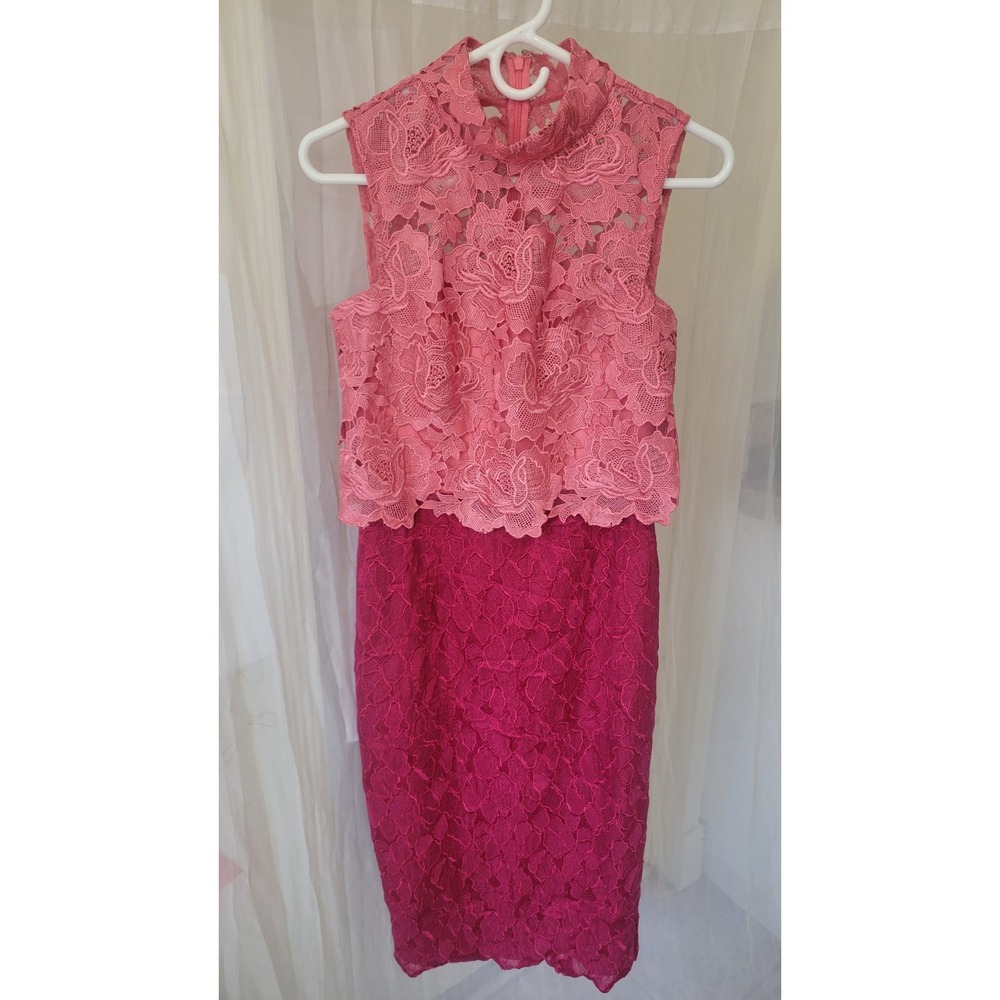 ML Monique Lhuillier Colorblock Lace Dress Pink Fuchsia High Neck Midi Size 4